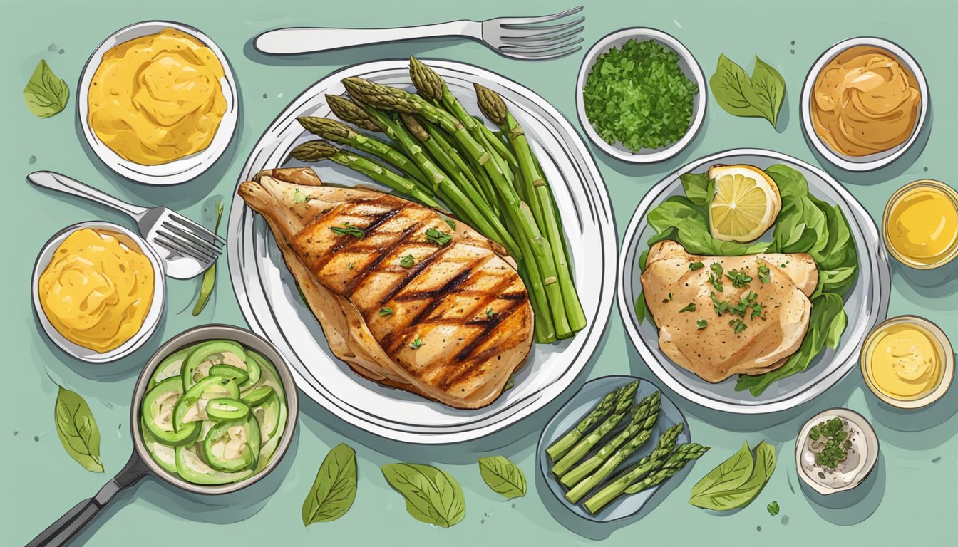 A plate of grilled chicken and asparagus surrounded by 11 different skin-nourishing meal plans for diabetics