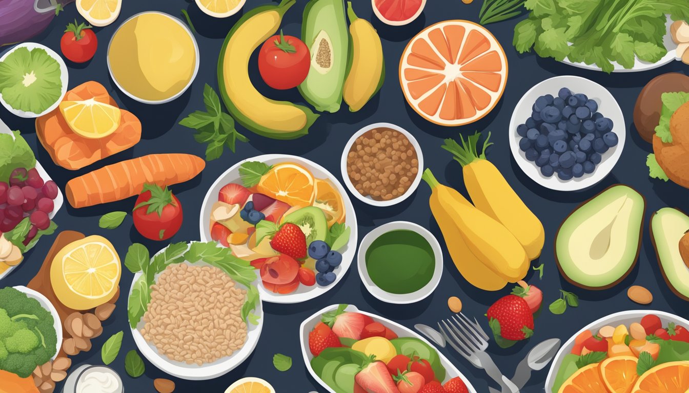 A table set with a variety of nutrient-rich foods, including lean proteins, whole grains, and colorful fruits and vegetables, with a focus on muscle-building meal plans for diabetic athletes