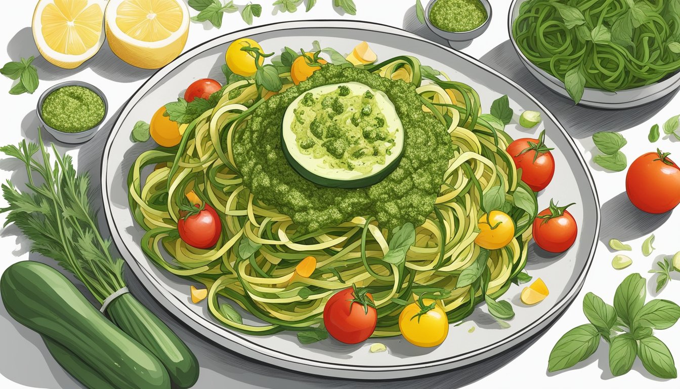 A colorful plate of zucchini noodles topped with pesto, surrounded by fresh herbs and vegetables