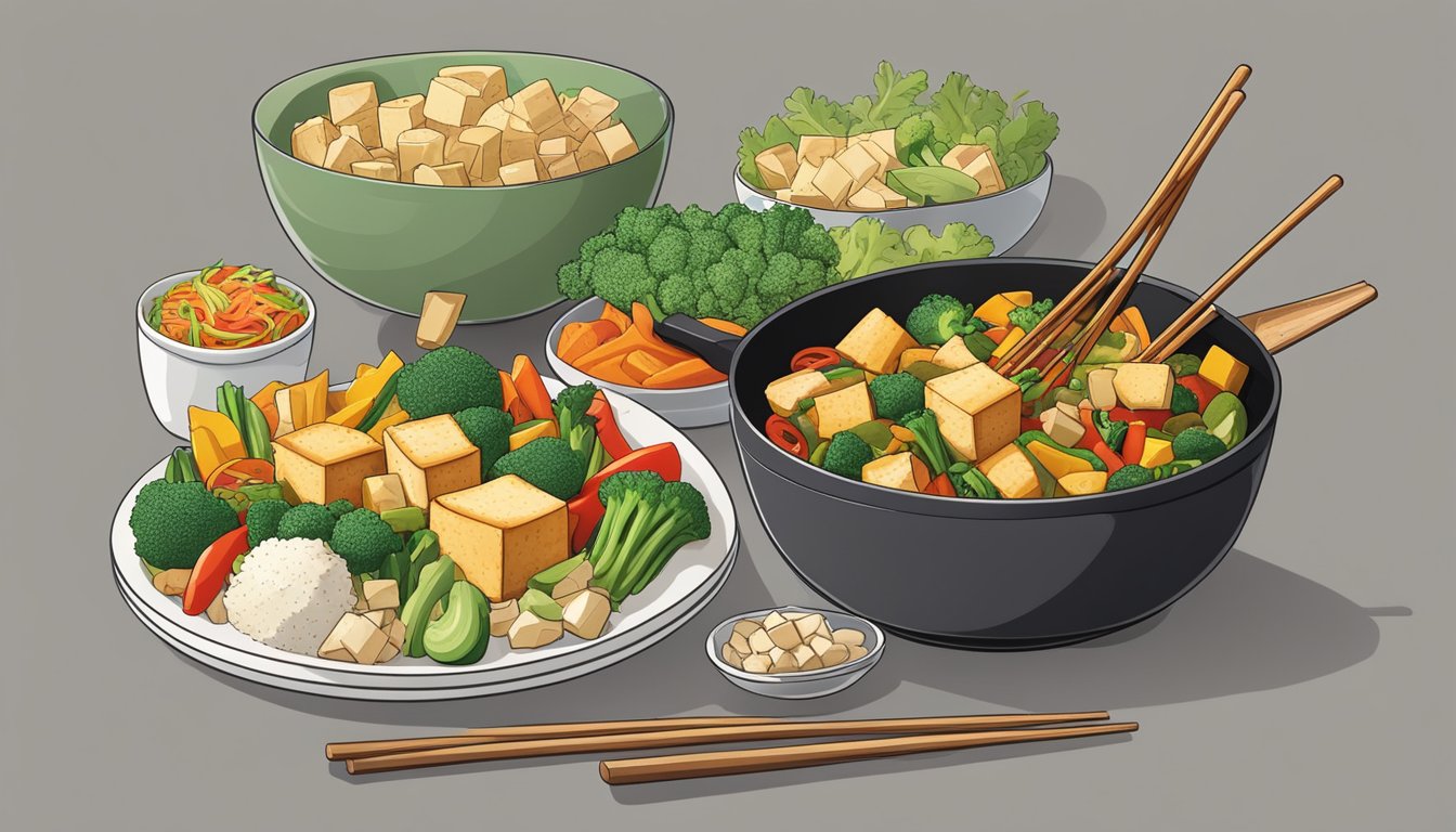 A colorful stir-fry sizzling in a wok, with a variety of vegetables and cubes of tofu, arranged on a plate next to a stack of meal plans