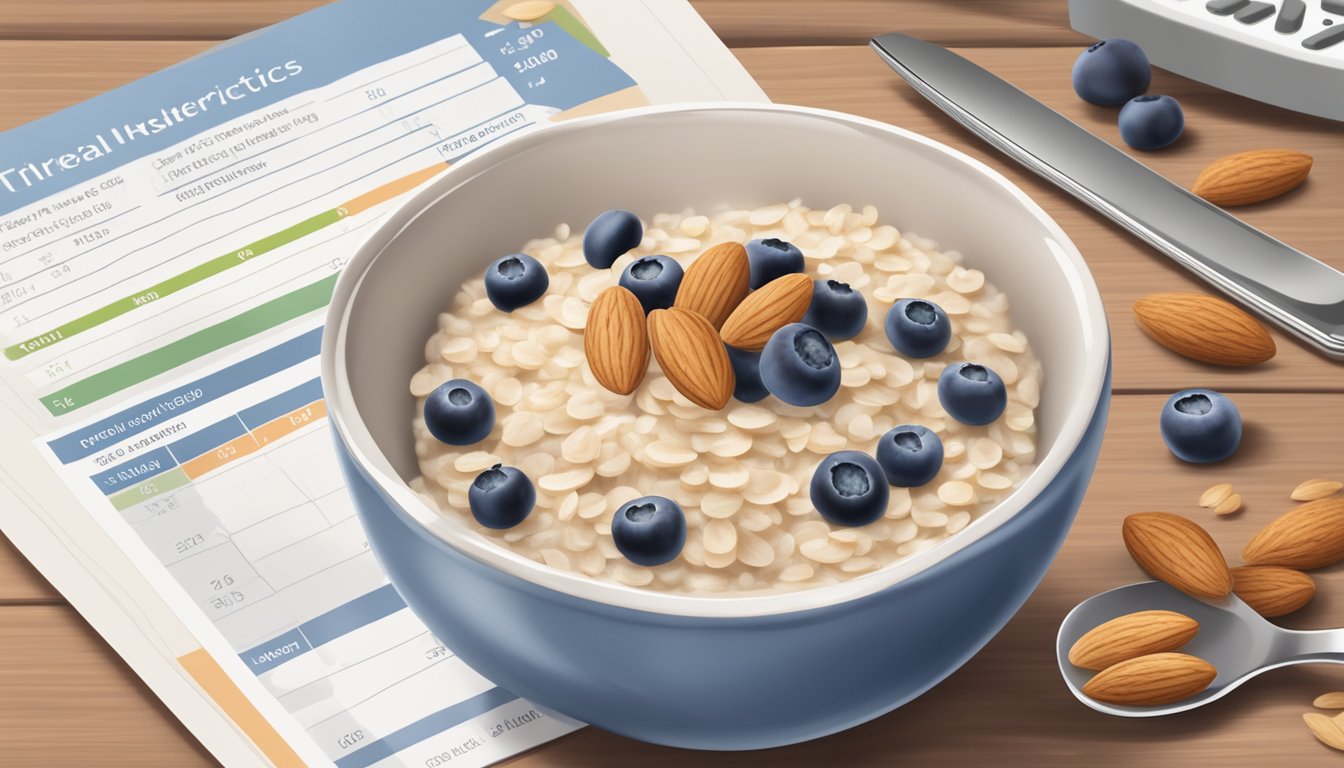 A bowl of oatmeal topped with almonds and blueberries on a table with a stack of meal plans for diabetics