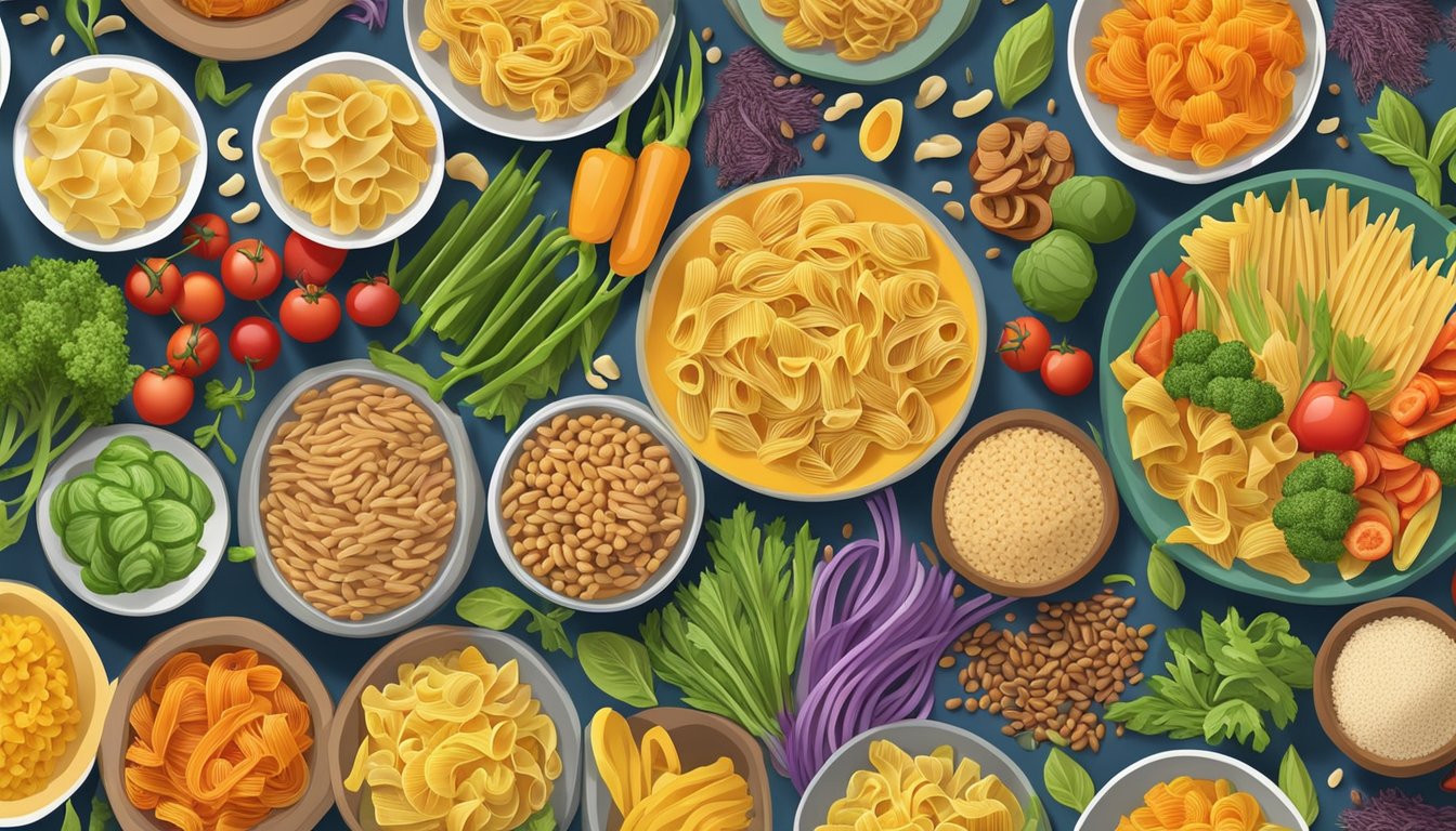 A colorful array of whole grain pasta, assorted vegetables, and diabetic-friendly ingredients arranged on a vibrant plate