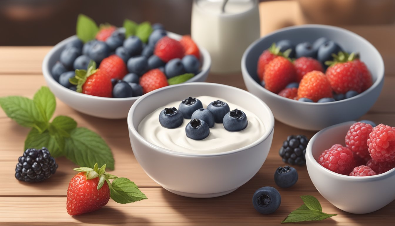 A bowl of Greek yogurt topped with fresh berries sits on a wooden table, surrounded by ingredients and a recipe book titled "11 Skin-Nourishing Meal Plans for Diabetics."