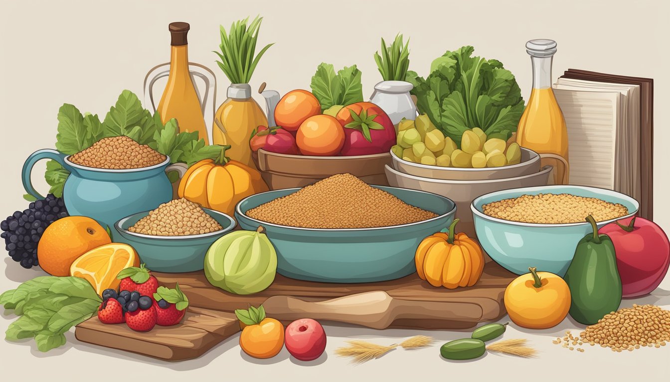 A table filled with colorful fruits, vegetables, and whole grains, surrounded by various cooking utensils and recipe books