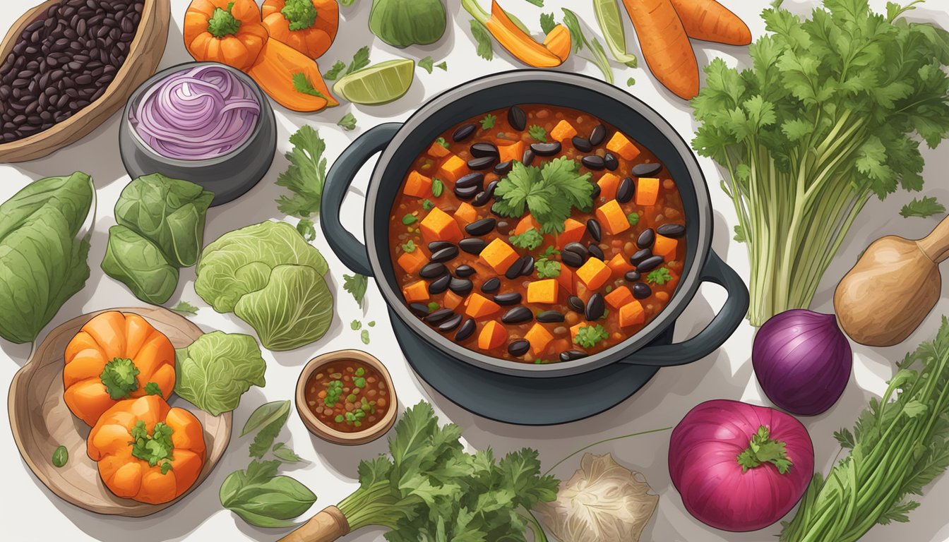 A steaming pot of sweet potato and black bean chili surrounded by a variety of colorful vegetables and herbs