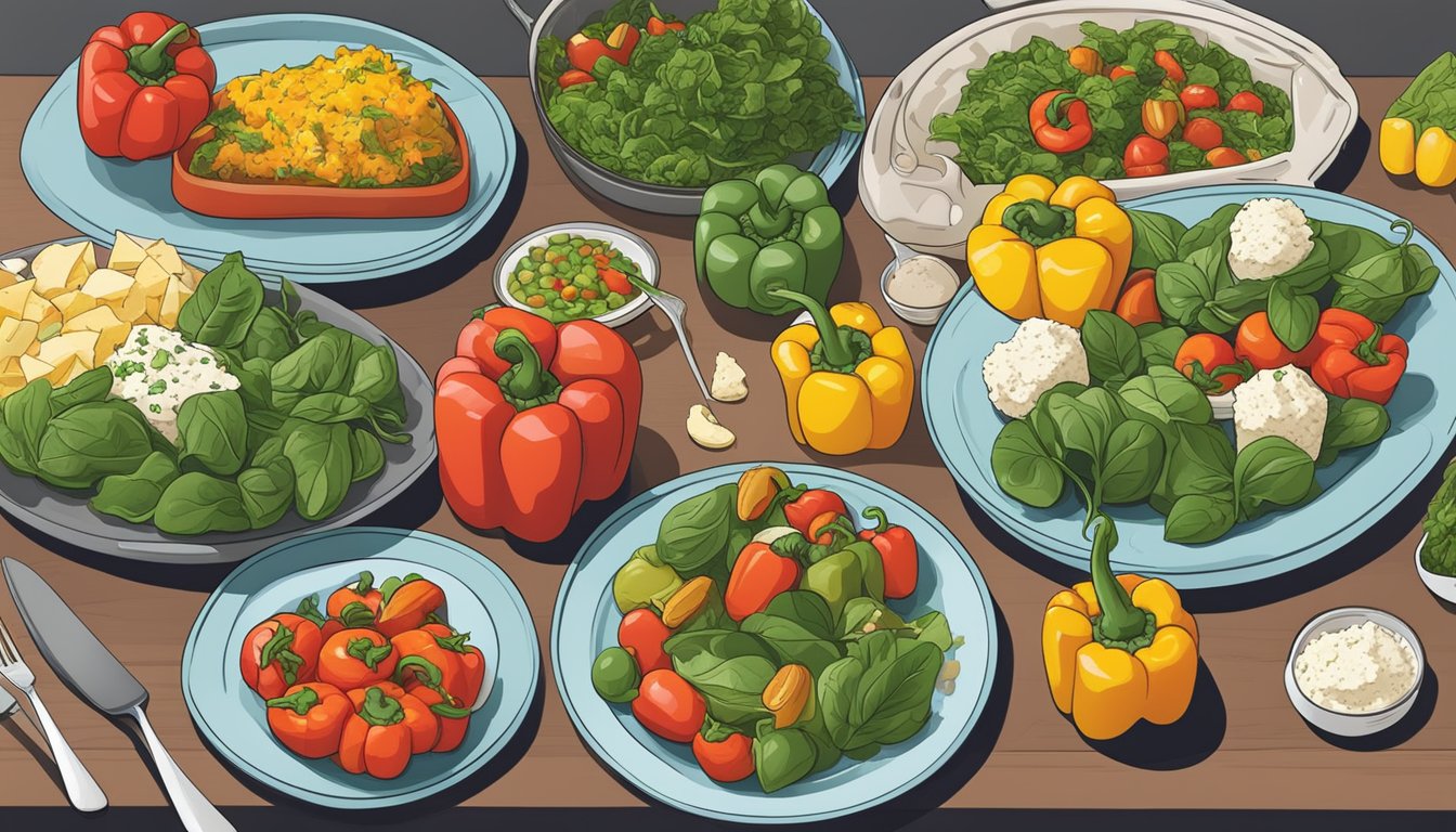 A colorful array of stuffed peppers arranged on a table, filled with spinach and feta, surrounded by a collection of meal plans for diabetics