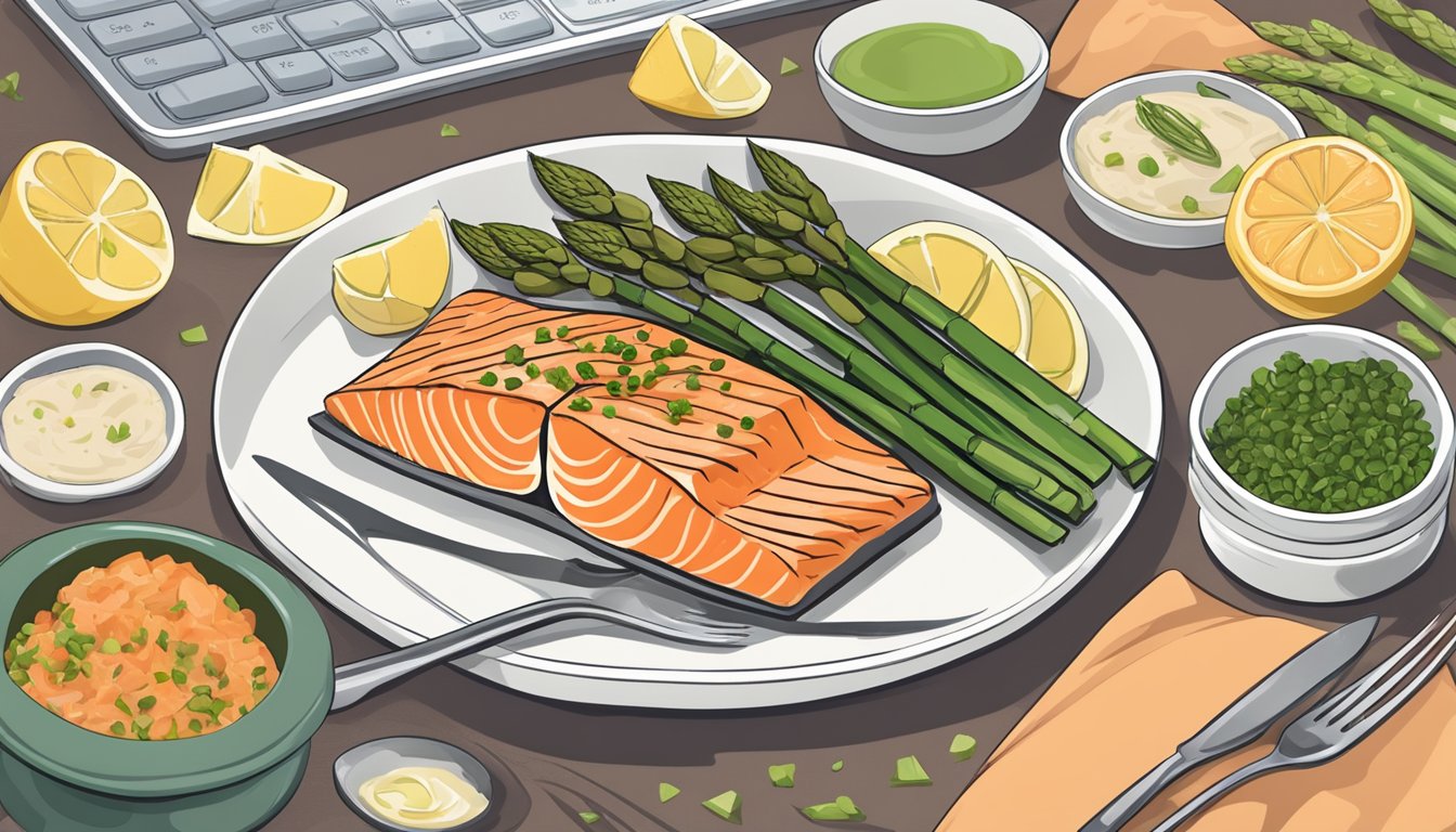 A plate of baked salmon and asparagus surrounded by 14 meal plans for diabetics