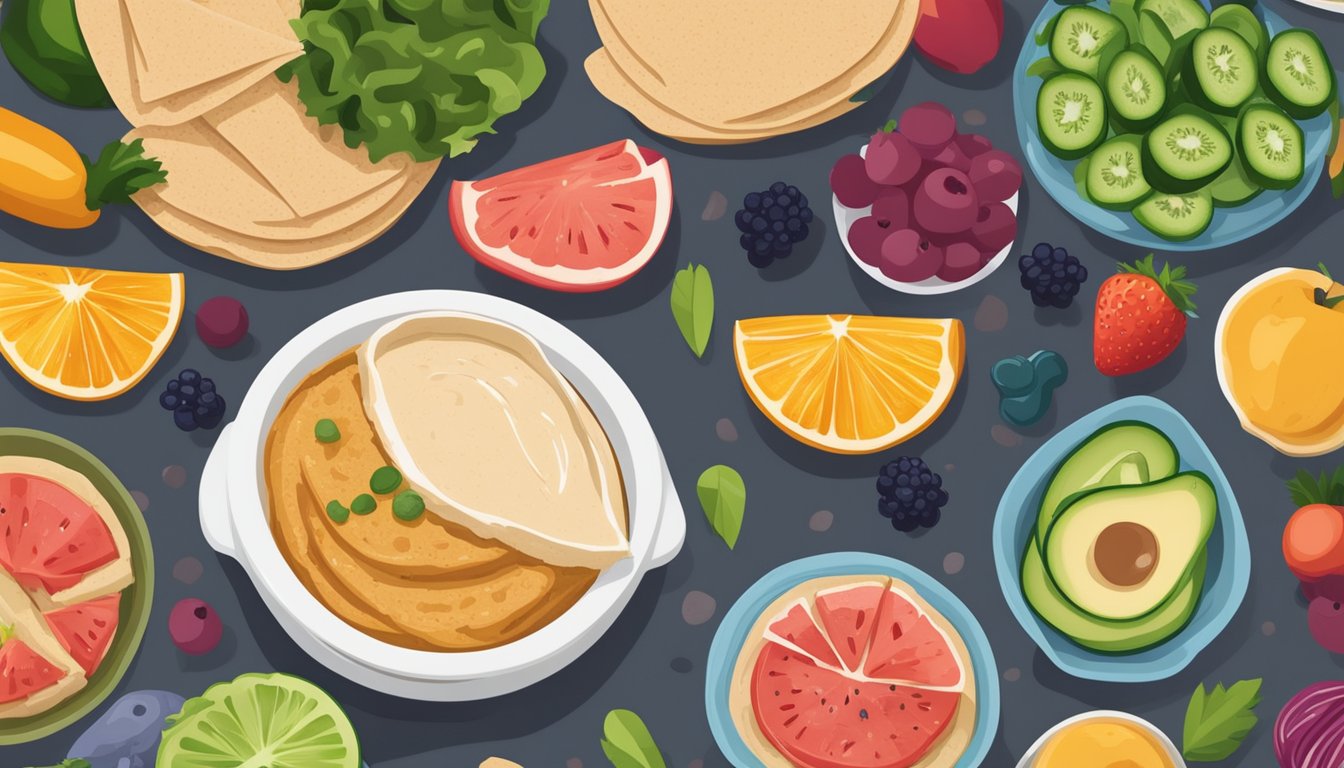 A whole wheat pita spread with hummus surrounded by a variety of colorful fruits and vegetables, with a diabetes-friendly meal plan booklet nearby