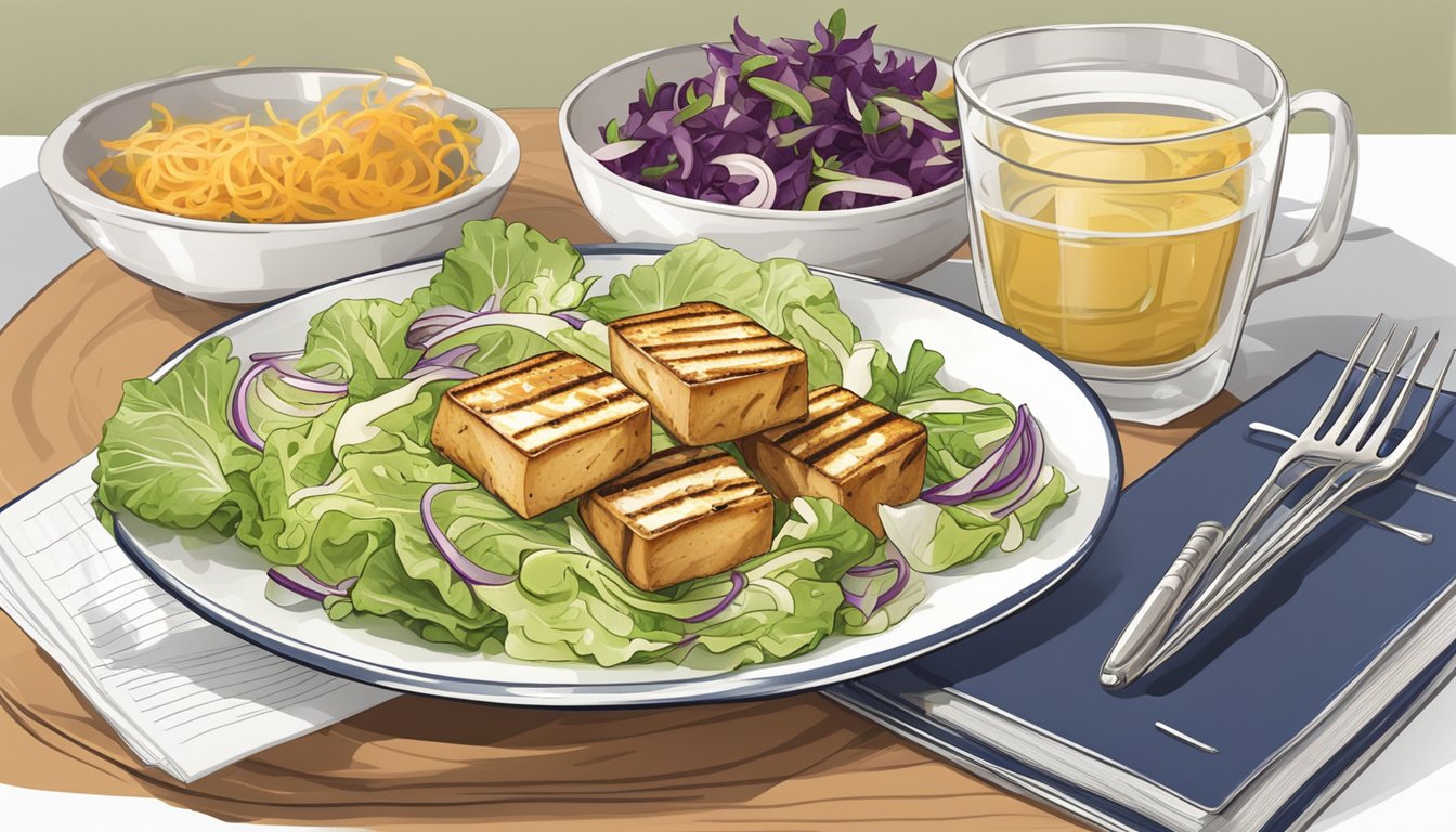 A plate of grilled tofu and cabbage salad, with a diabetic meal plan book in the background