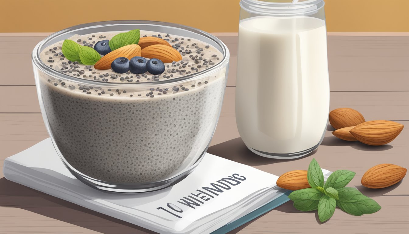 A bowl of chia seed pudding sits next to a glass of almond milk, surrounded by 10 meal plans for diabetics focused on hair and nail health