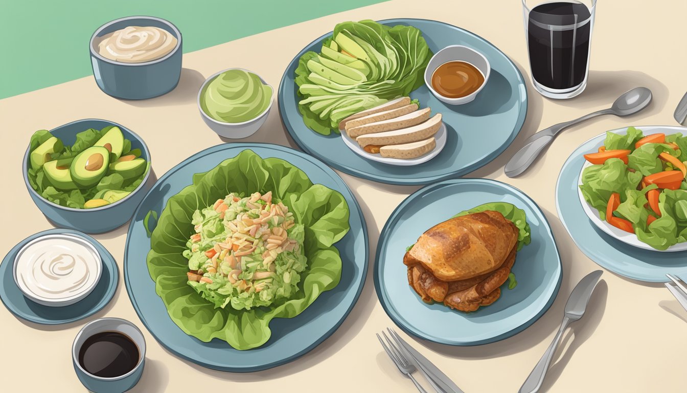 A table set with a plate of turkey and avocado lettuce wraps, surrounded by various meal plans for diabetics