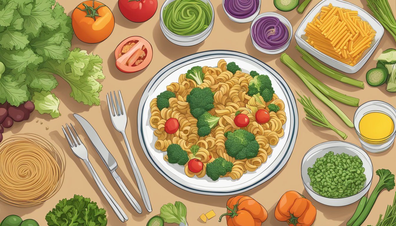 A colorful array of fresh vegetables and whole wheat pasta arranged on a plate, with a side of diabetic-friendly meal plans spread out around it