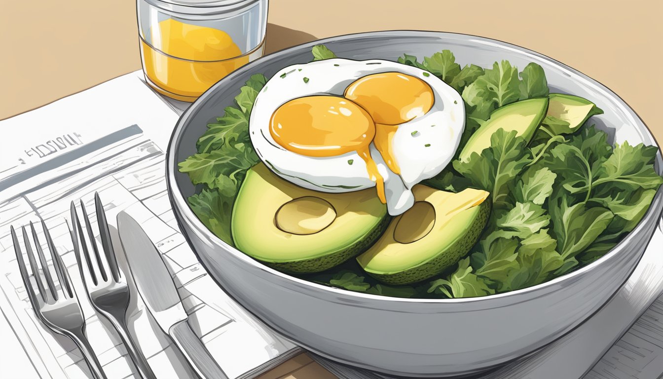 A breakfast bowl with sliced avocado, poached egg, and mixed greens. A stack of meal plans for diabetics in the background