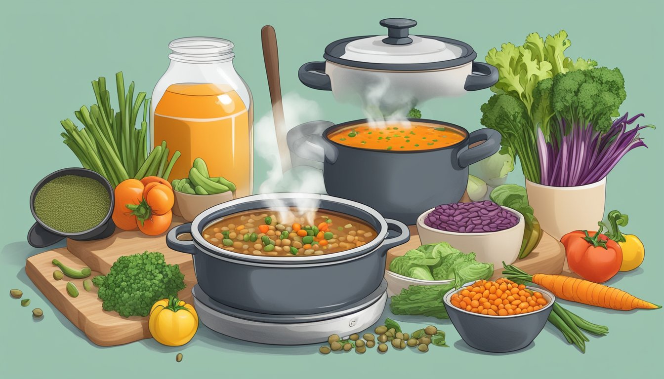 A steaming pot of lentil soup surrounded by an assortment of colorful vegetables, with a stack of meal plans for diabetics next to it