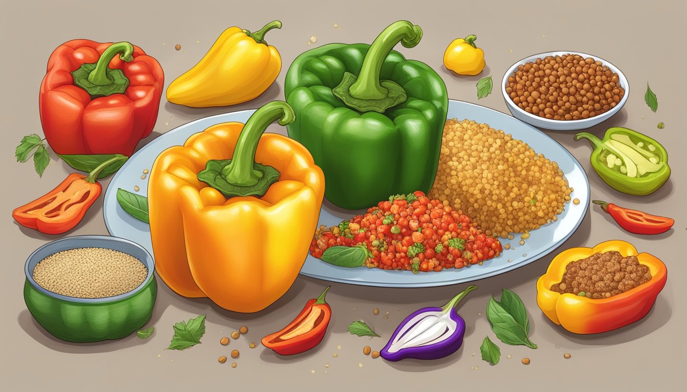 A colorful array of bell peppers stuffed with quinoa and surrounded by various diabetes-friendly ingredients