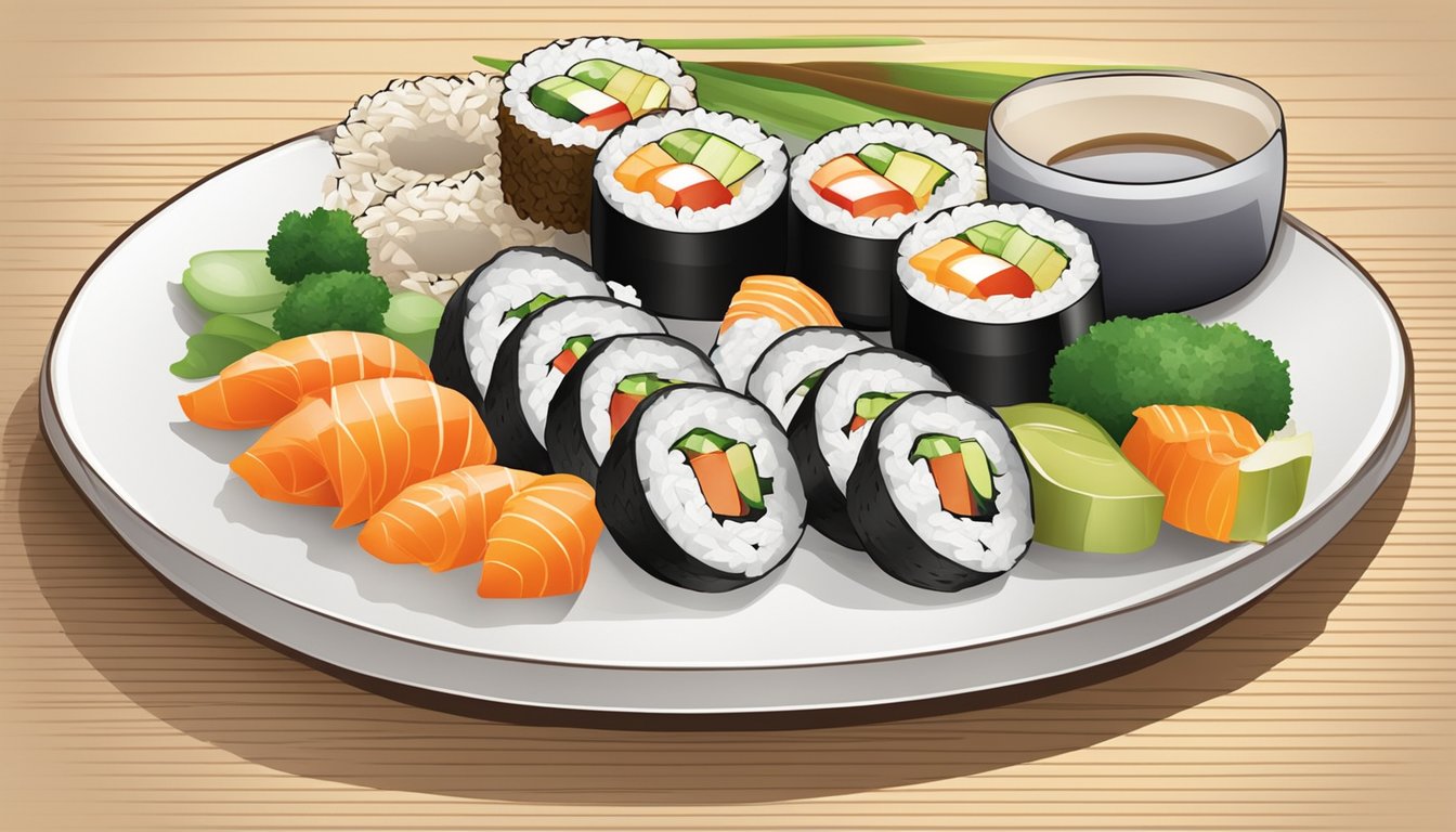 A plate of brown rice sushi with colorful vegetables arranged in an appealing and appetizing manner