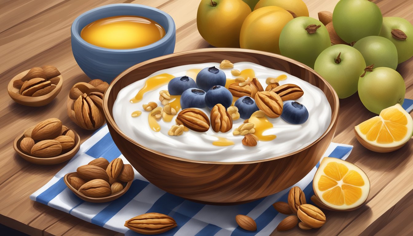 A bowl of Greek yogurt topped with walnuts and drizzled with honey sits on a wooden table, surrounded by a variety of fresh fruits and nuts