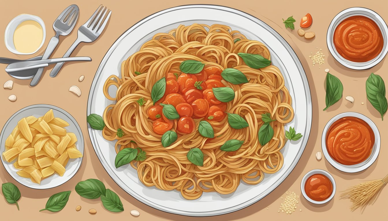 A plate of whole wheat pasta with tomato sauce surrounded by 10 different meal plans for diabetics focused on hair and nail health