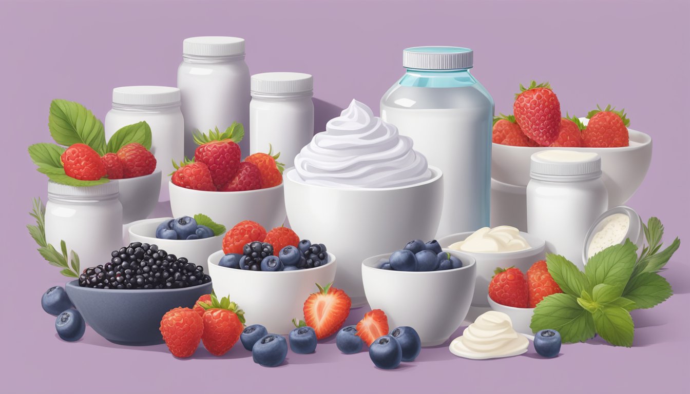 A bowl of Greek yogurt topped with fresh berries sits next to a stack of meal plans, surrounded by hair and nail health supplements