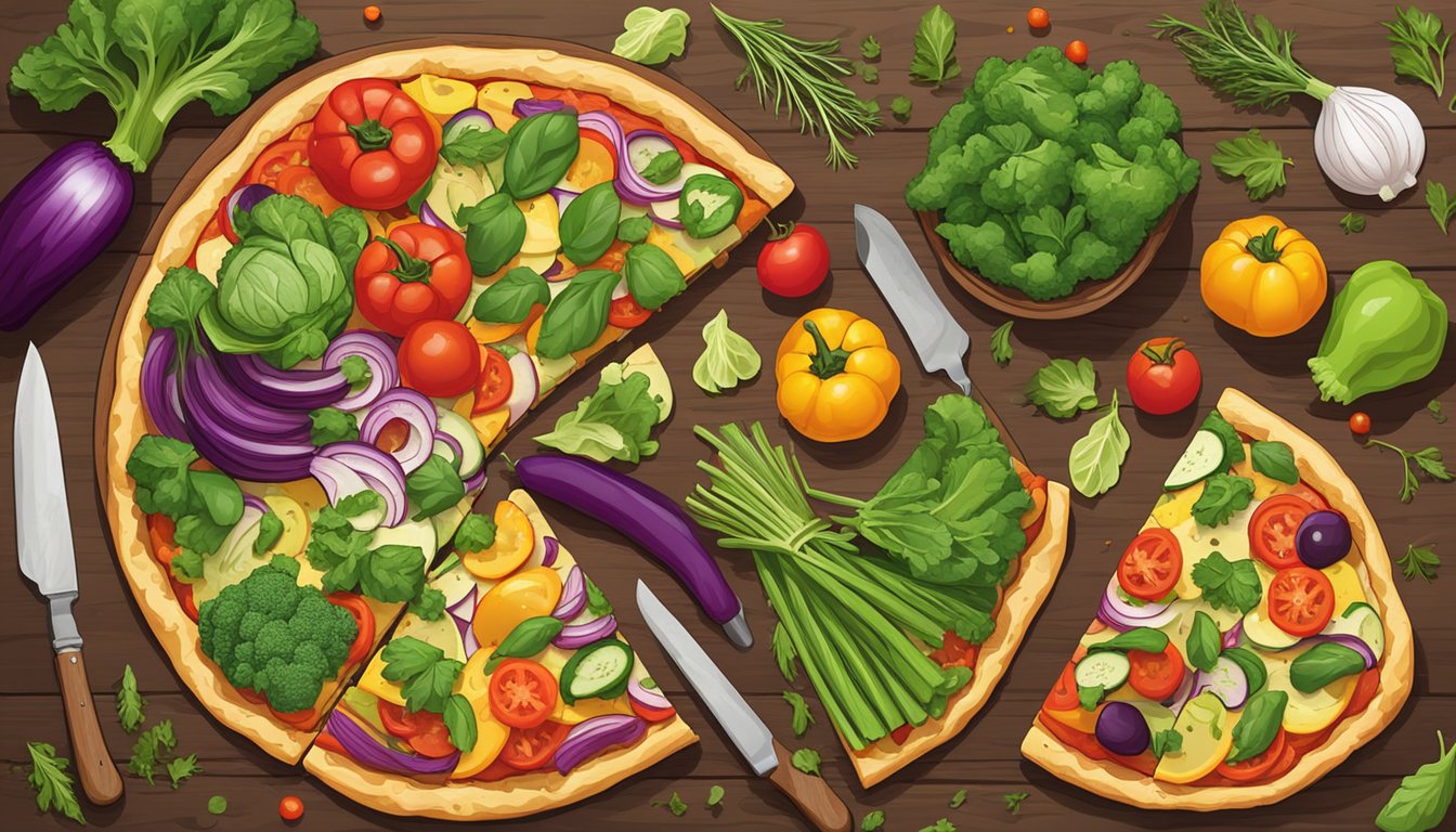 A colorful array of fresh vegetables and herbs arranged around a golden-brown cauliflower crust pizza on a rustic wooden table