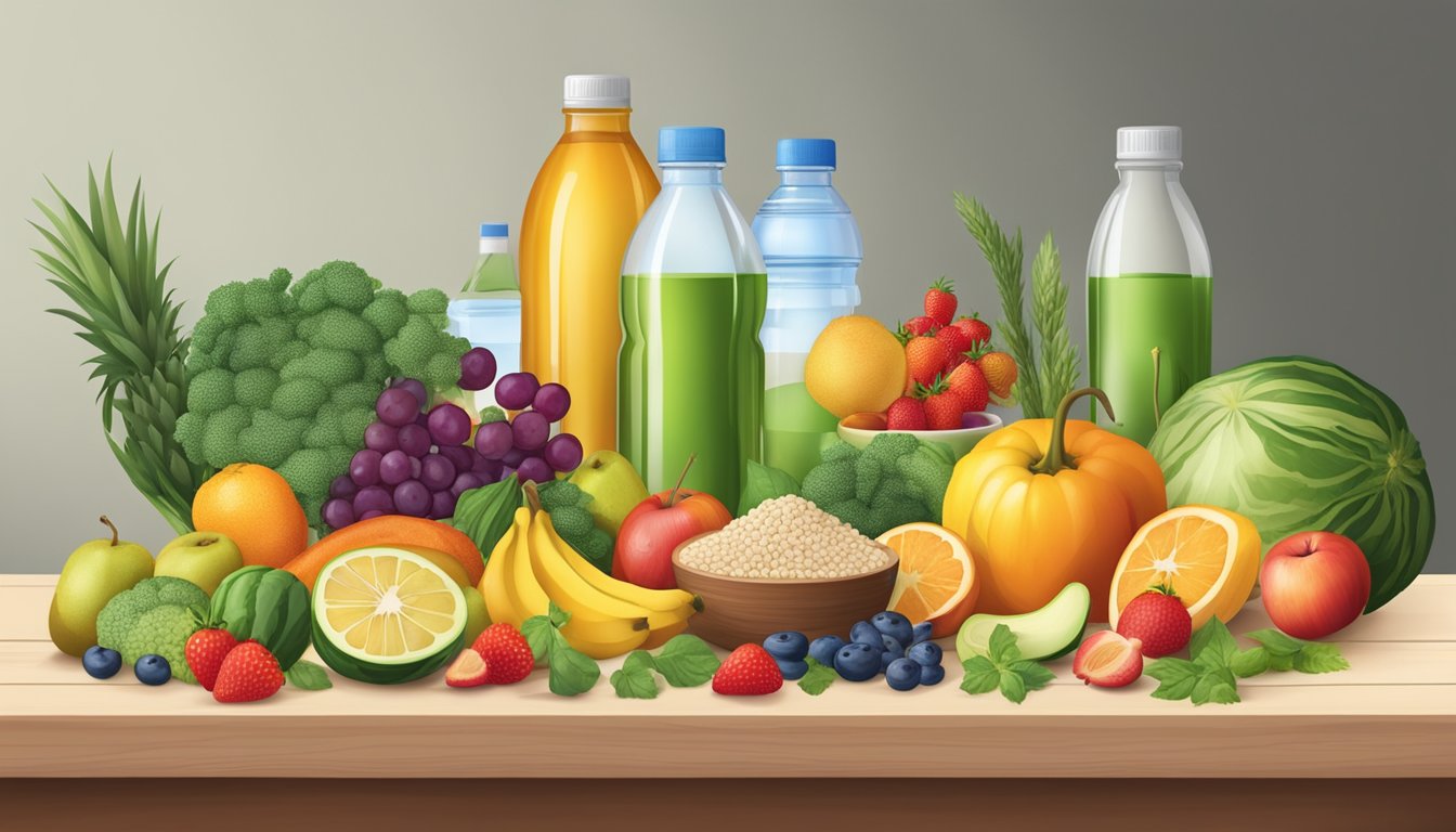 A table with a variety of colorful fruits, vegetables, lean proteins, and whole grains, surrounded by bottles of water and supplements