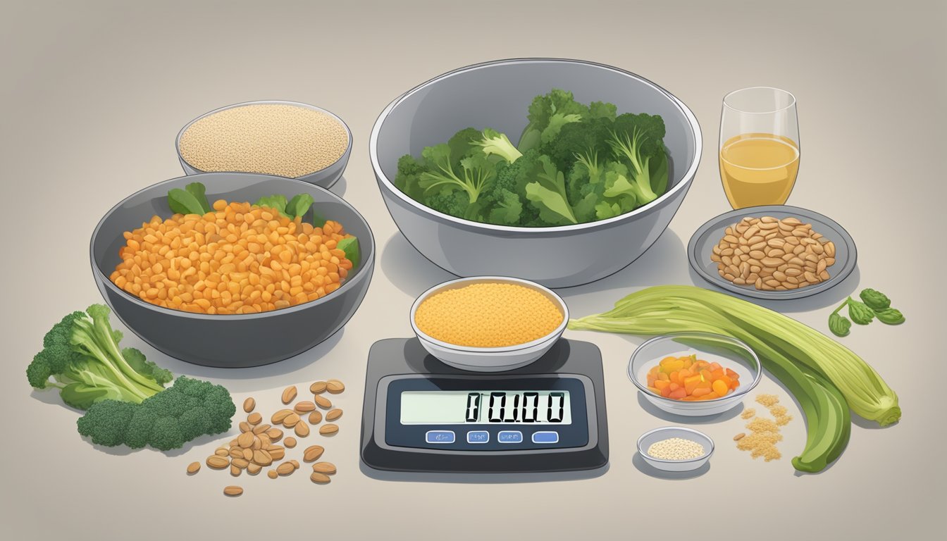 A table set with a balanced meal, including vegetables, lean protein, and whole grains. A measuring cup and food scale are nearby for portion control