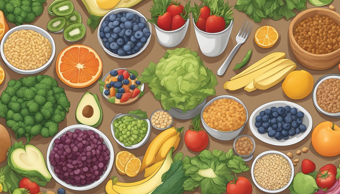 A table set with a colorful array of balanced diabetic meal options, including fruits, vegetables, lean proteins, and whole grains