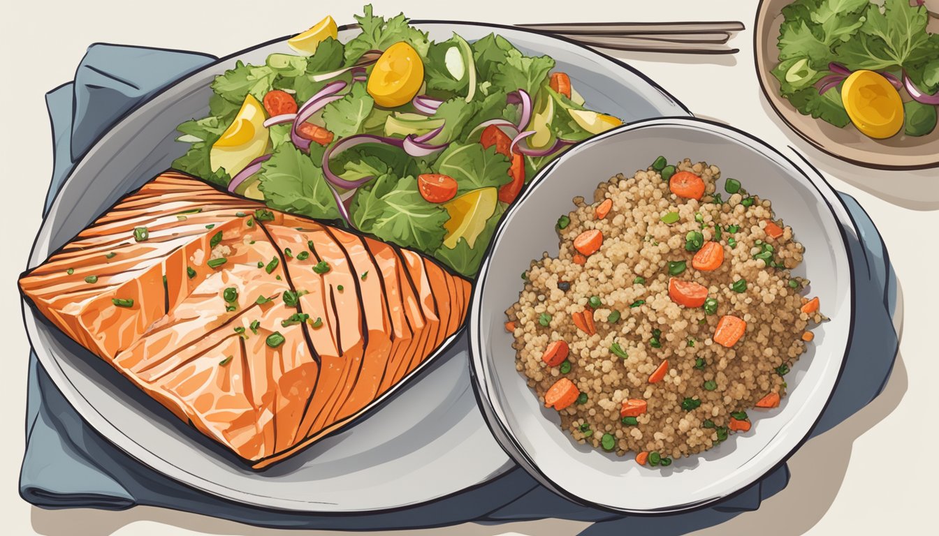 A plate of grilled salmon with quinoa salad surrounded by 9 meal plans for diabetics