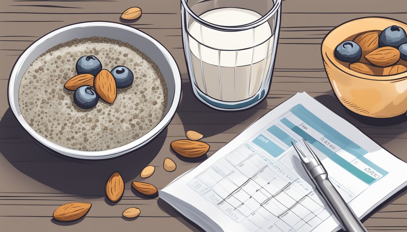 A bowl of chia seed pudding sits on a table next to a glass of almond milk, surrounded by a stack of meal plans for diabetics