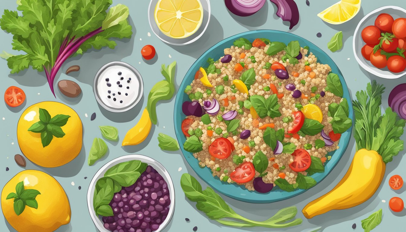 A colorful quinoa salad with vibrant vegetables and a drizzle of lemon vinaigrette, surrounded by ingredients for circulation-improving meal plans for diabetics