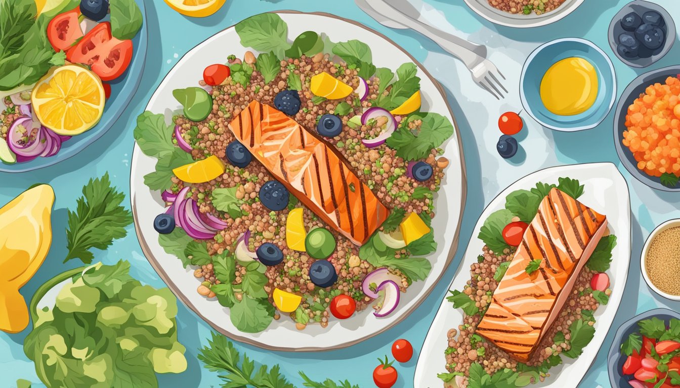 A plate of grilled salmon sits next to a colorful quinoa salad, surrounded by vibrant vegetables and fruits