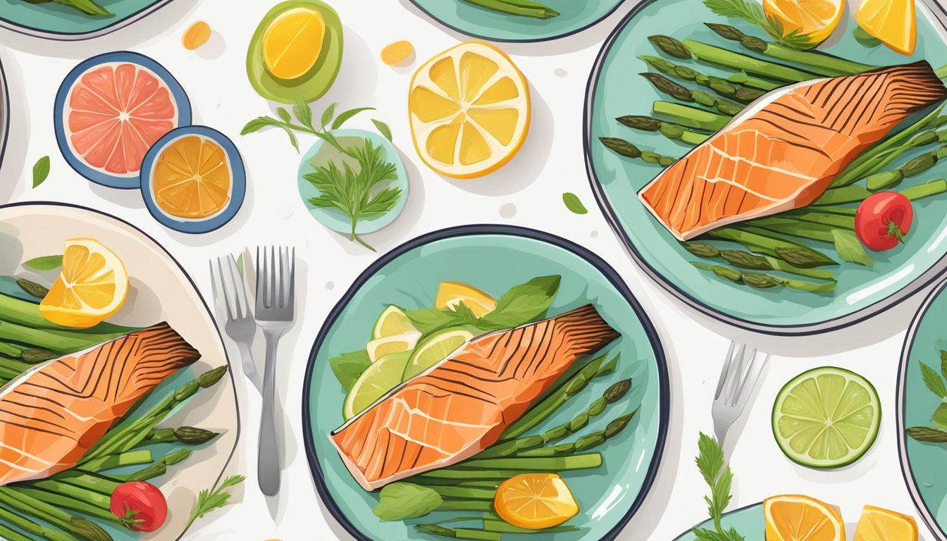 A plate of grilled salmon and asparagus surrounded by colorful, fresh ingredients