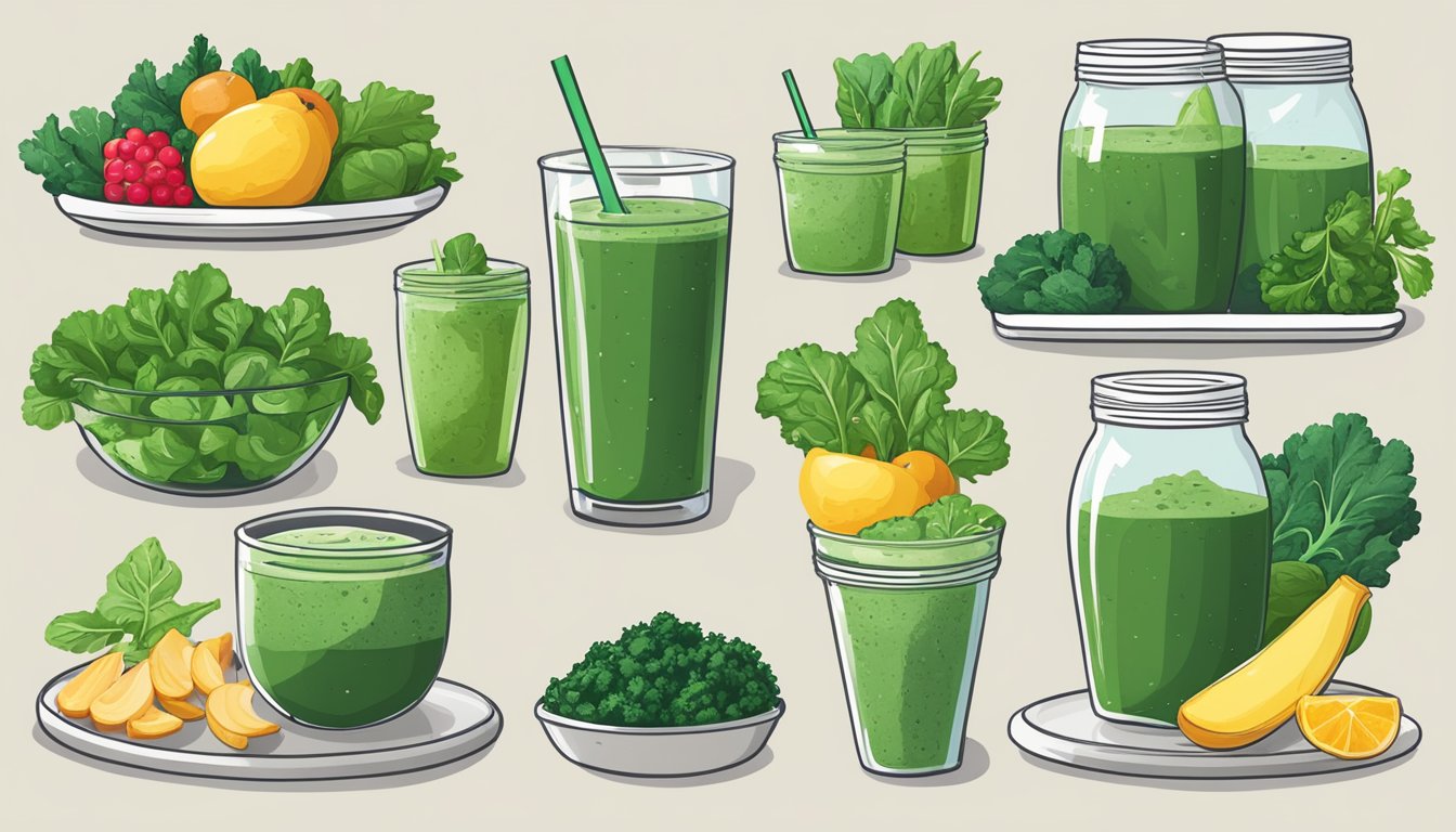 A vibrant green smoothie surrounded by fresh kale and spinach leaves, with 12 meal plans arranged neatly next to it