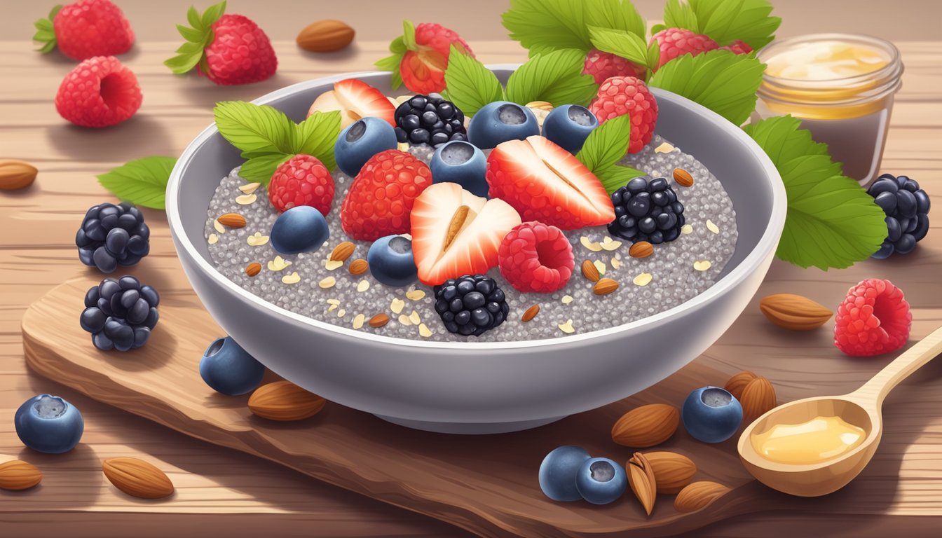 A bowl of chia seed pudding topped with fresh berries on a wooden table surrounded by ingredients like nuts, honey, and coconut flakes