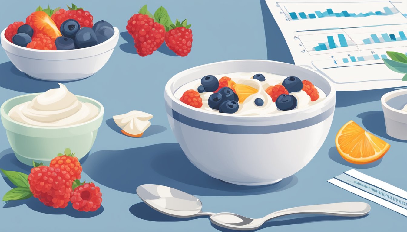 A bowl of Greek yogurt topped with fresh berries sits on a table alongside a stack of meal plans for managing menopause and diabetes