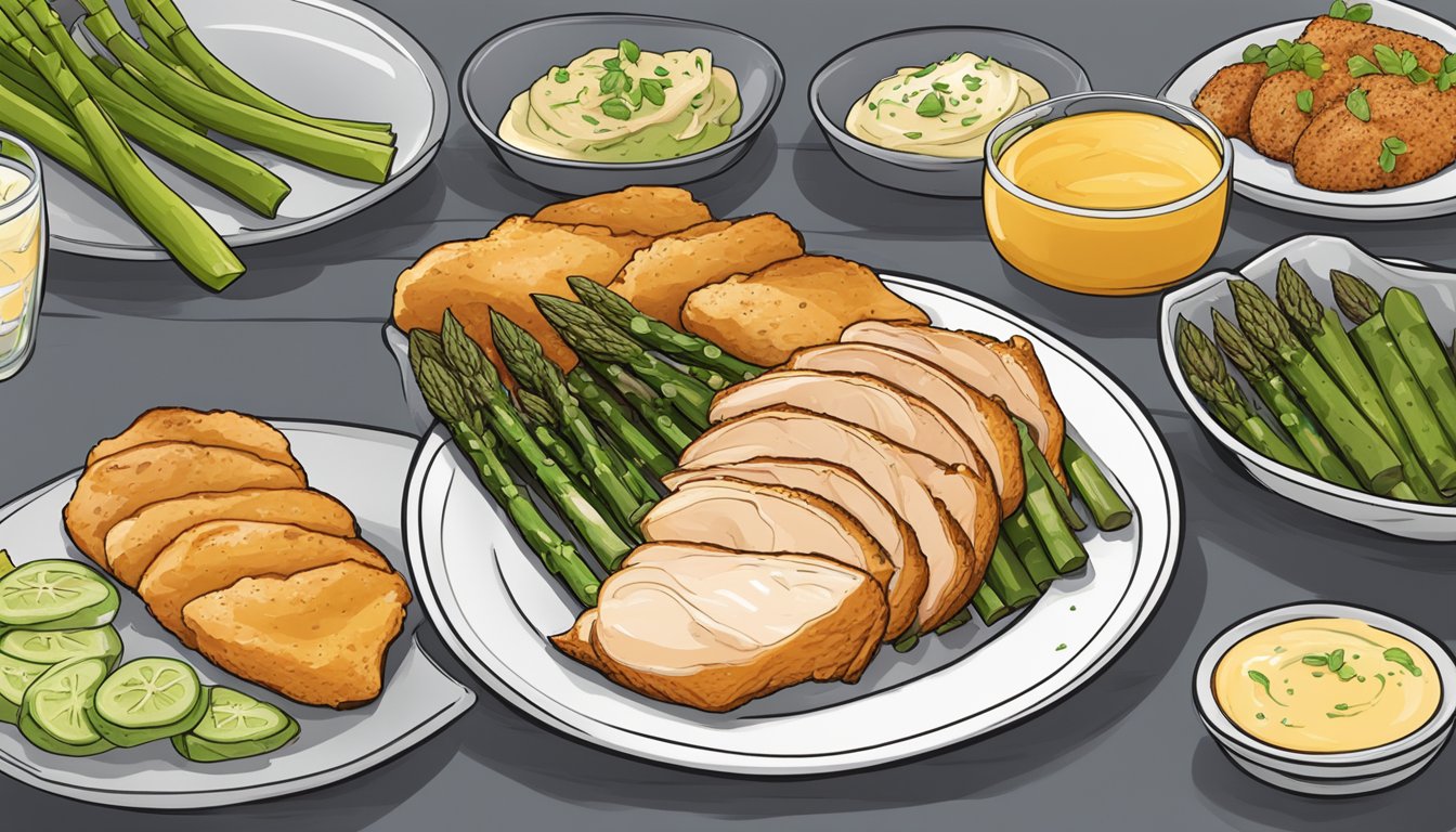 A platter of oven-baked chicken breast and asparagus, surrounded by 9 meal plans for diabetics