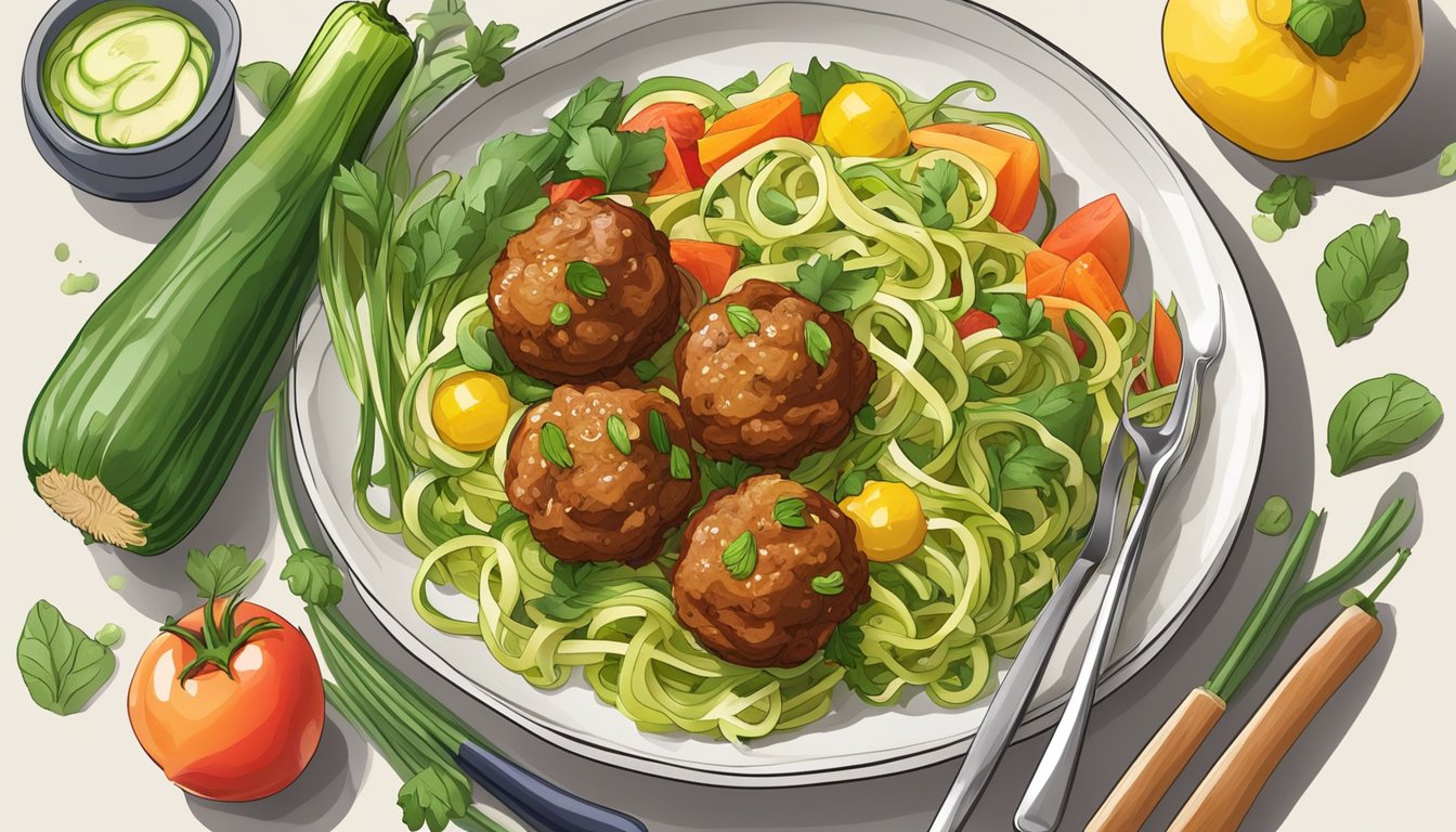 A plate of zucchini noodles topped with turkey meatballs surrounded by colorful vegetables and fruits