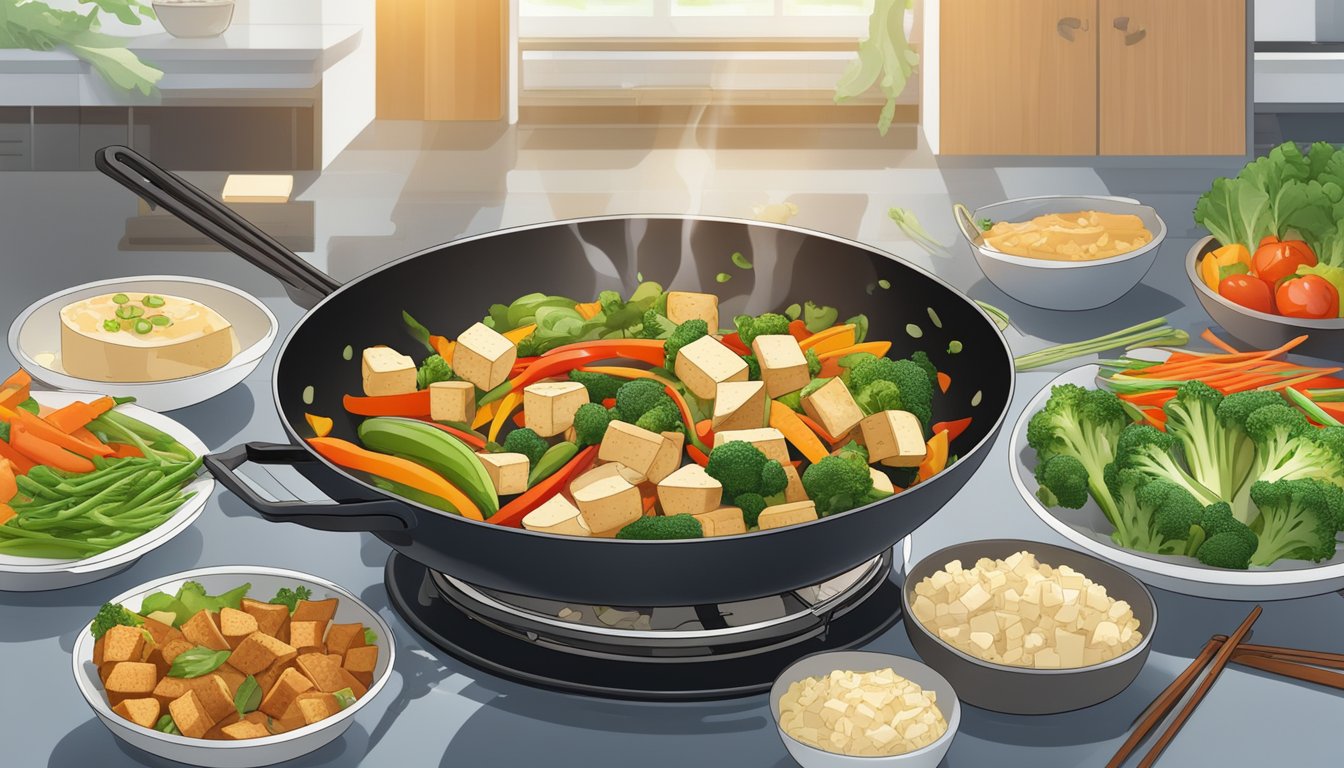 A colorful stir-fry sizzling in a wok, surrounded by an array of fresh vegetables and tofu, with a stack of meal plans for diabetics in the background