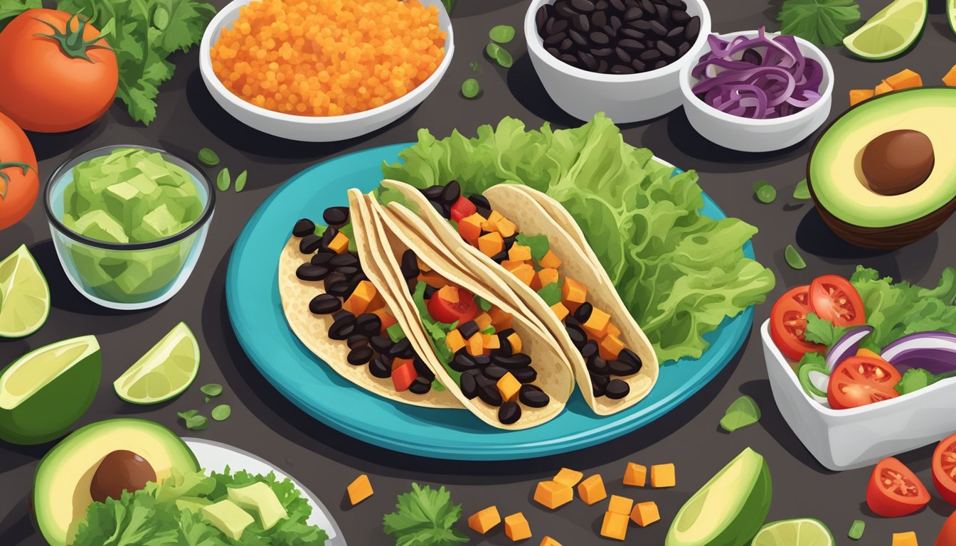 A colorful plate of sweet potato and black bean tacos surrounded by fresh ingredients like lettuce, tomatoes, and avocado