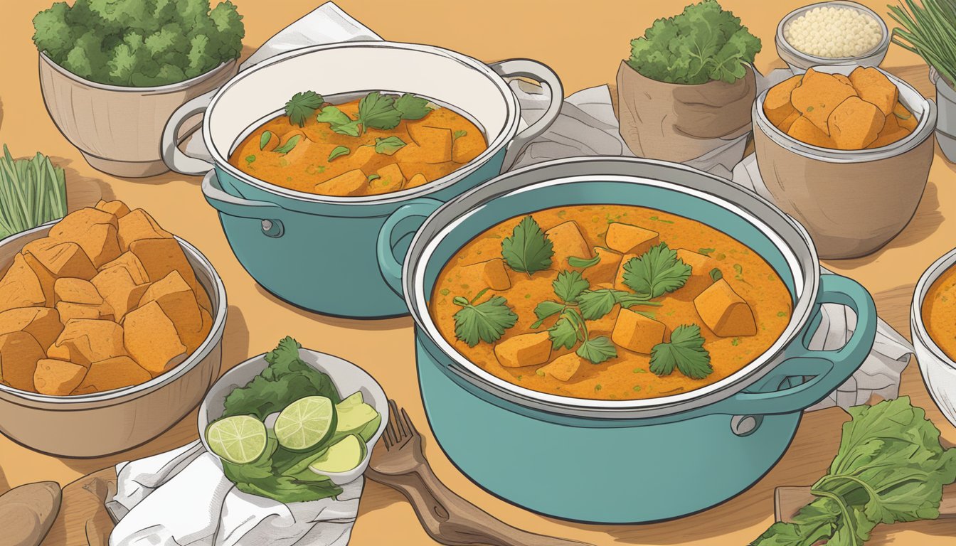 A steaming pot of sweet potato curry surrounded by nine meal plans for diabetics