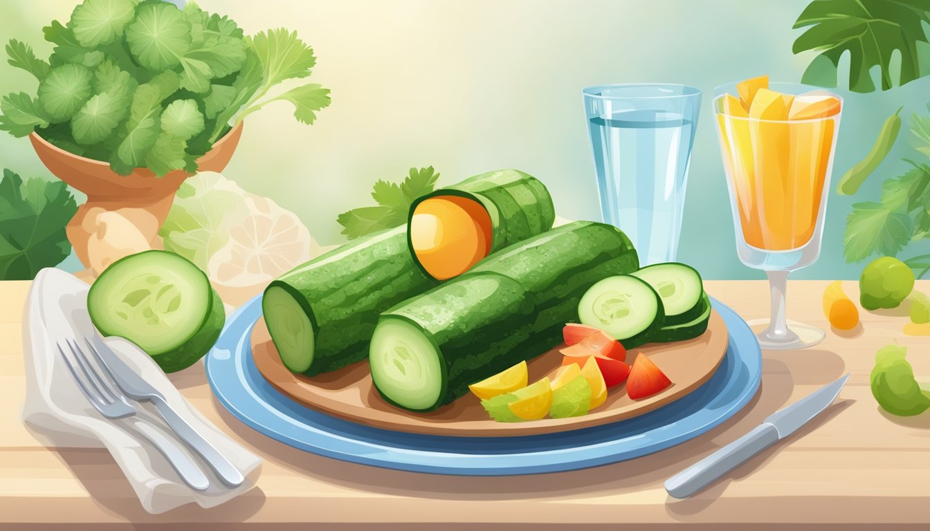 A plate with cucumber and turkey wraps surrounded by colorful fruits and vegetables, with a glass of water on the side