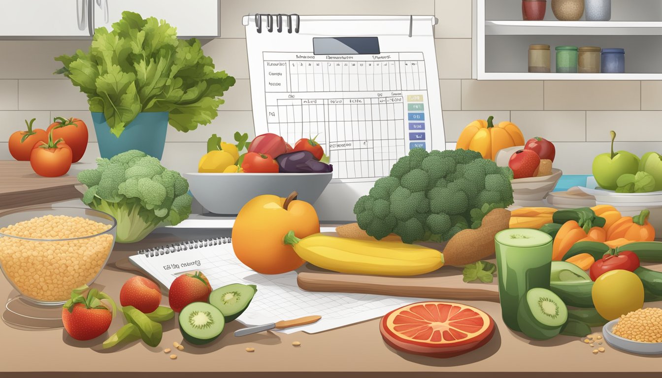 A kitchen counter with various fruits, vegetables, and whole grains, alongside a meal plan chart and blood sugar monitor