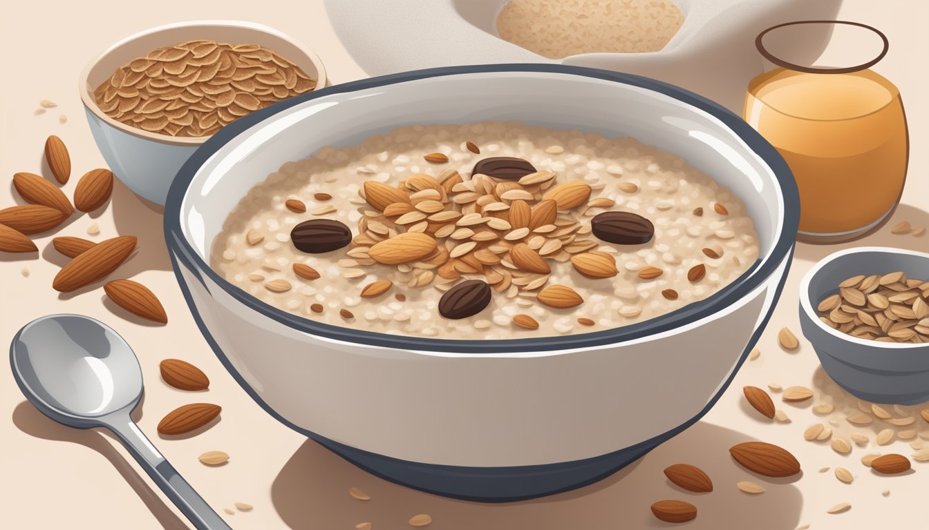 A bowl of oatmeal with flaxseeds and almond butter surrounded by 12 different immune-boosting diabetic meal plans