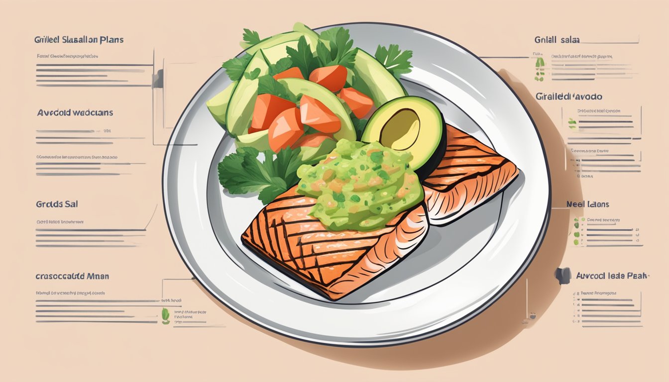 A plate of grilled salmon topped with avocado salsa surrounded by 8 meal plans for diabetics focused on respiratory health