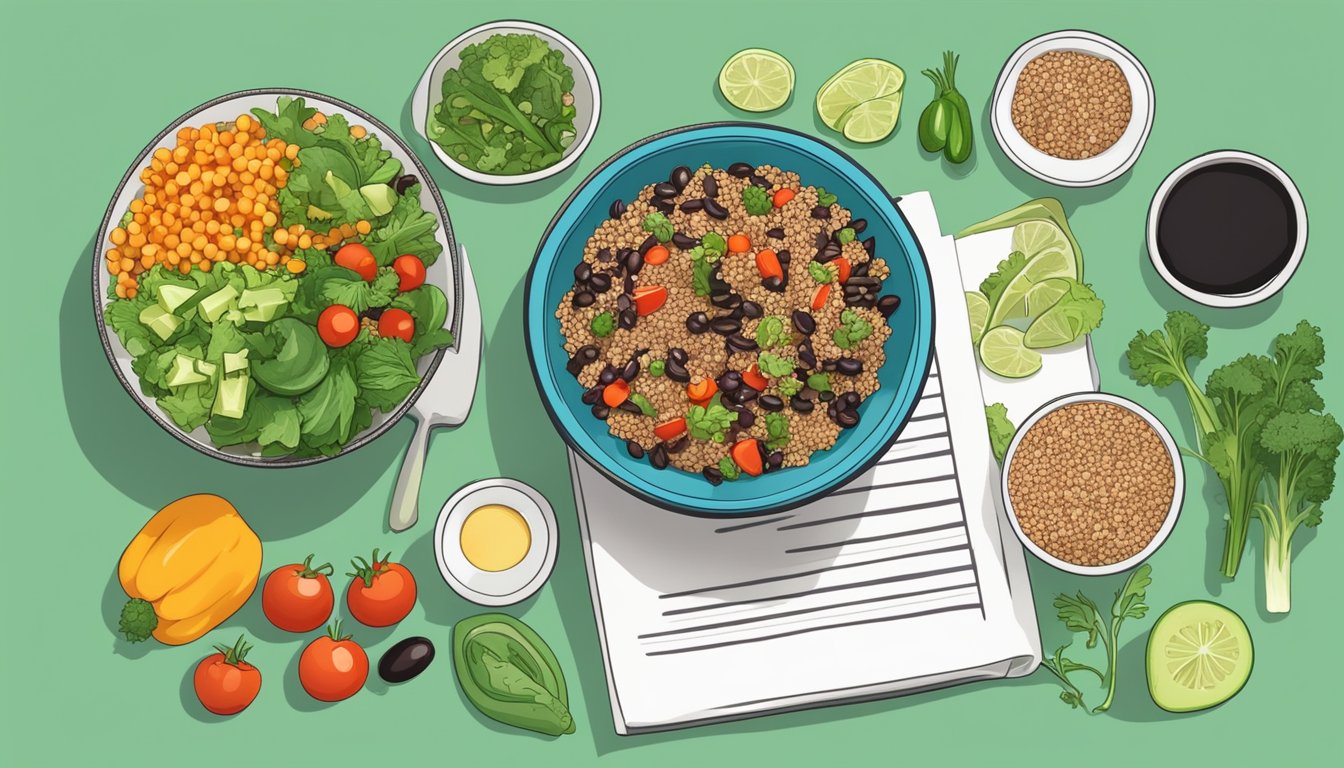 A colorful bowl of quinoa and black bean salad surrounded by fresh vegetables and a diabetes meal plan guide