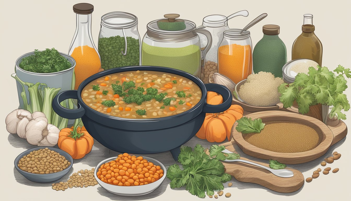 A steaming pot of lentil and vegetable soup surrounded by various respiratory health meal plan ingredients