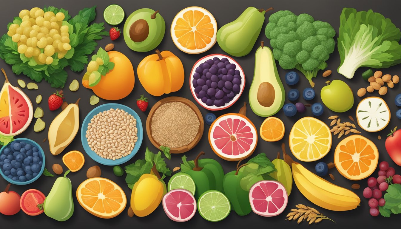 A colorful array of fruits, vegetables, whole grains, and lean proteins arranged on a table, with a focus on foods rich in key nutrients for immune function