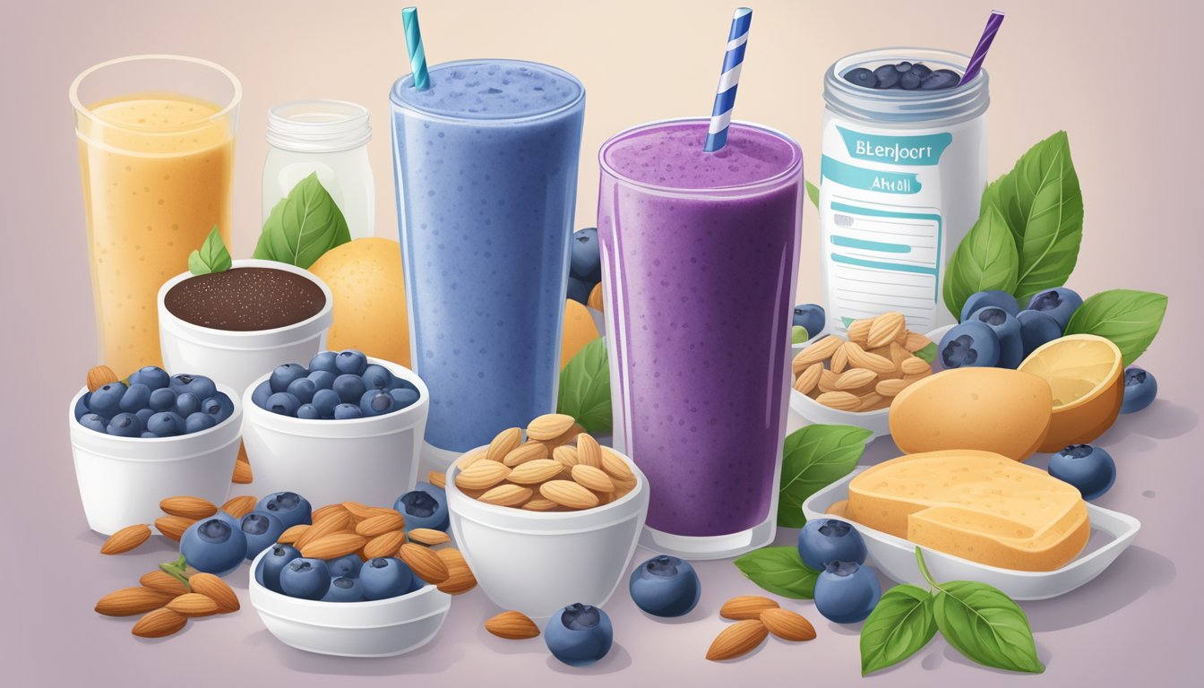 A blueberry almond smoothie surrounded by 11 meal plans, with a focus on adrenal support and suitable for diabetics