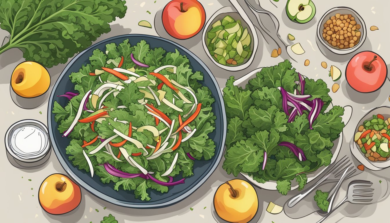 A colorful bowl of kale and apple slaw surrounded by fresh ingredients and a diabetes meal plan chart