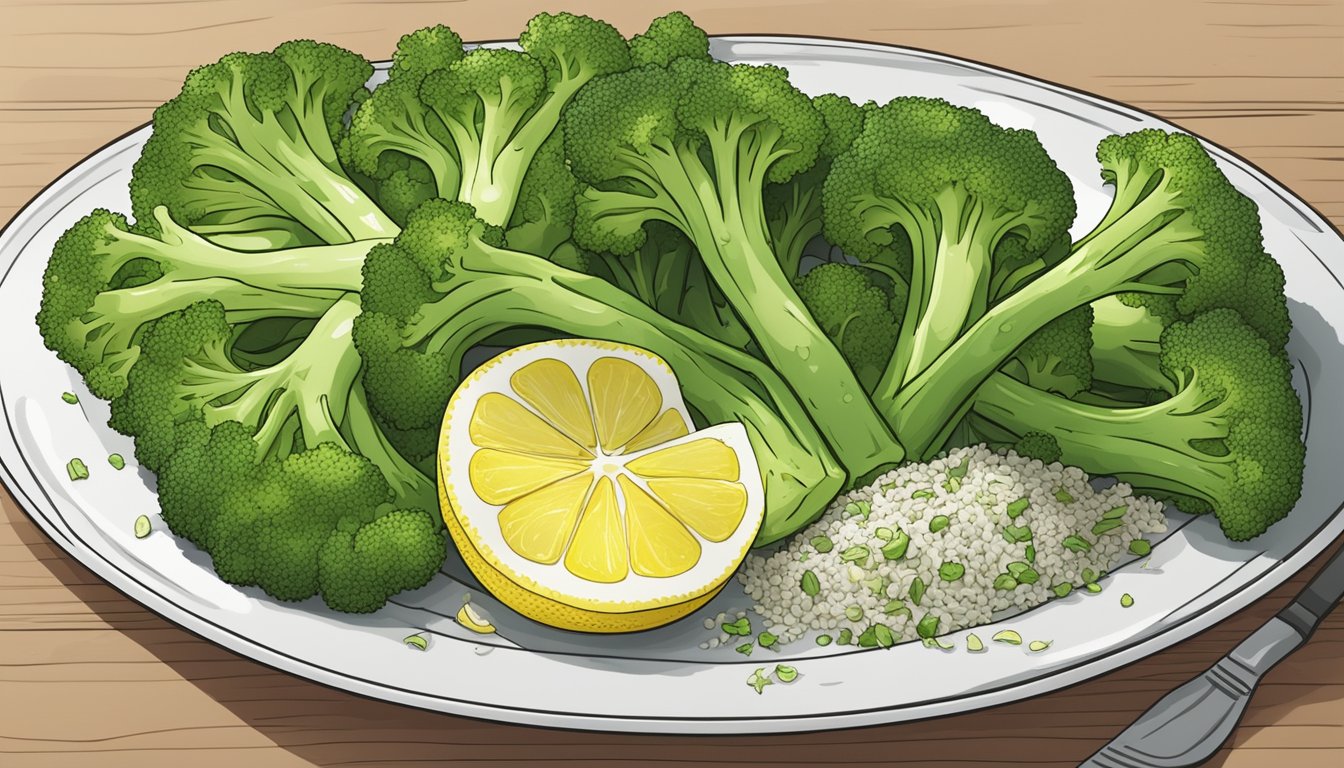 A plate of steamed broccoli with lemon zest surrounded by 8 meal plans for diabetics focused on respiratory health